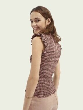 Scotch & Soda Maison Scotch Smocked Ruffle Sleeve Top Pink Check XL